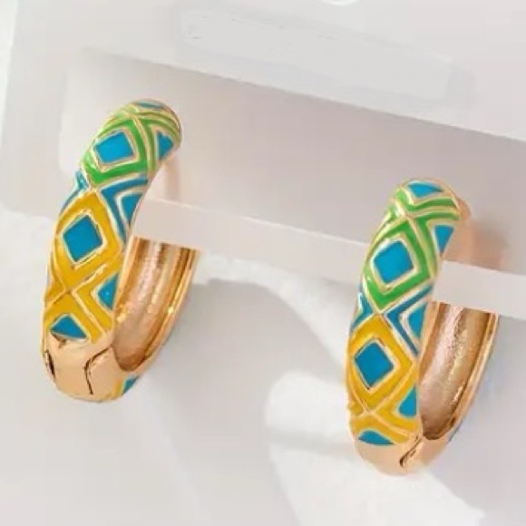 Jewelry - Blue Yellow & Green Enamel Aztec Gold Toned Hoop Earrings